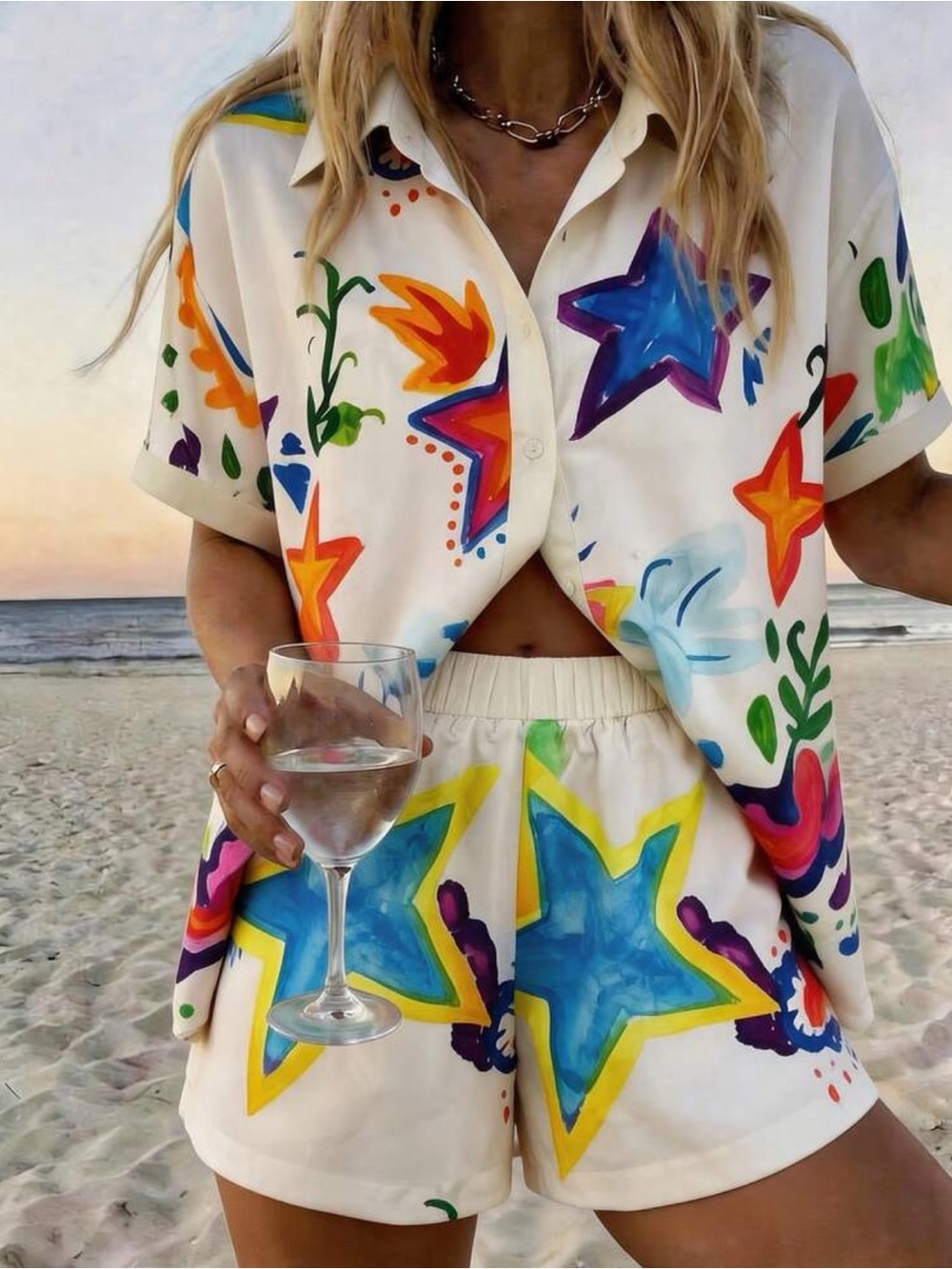 NWOT SHEIN White Button-Down Shirt with Multicolor Star Print